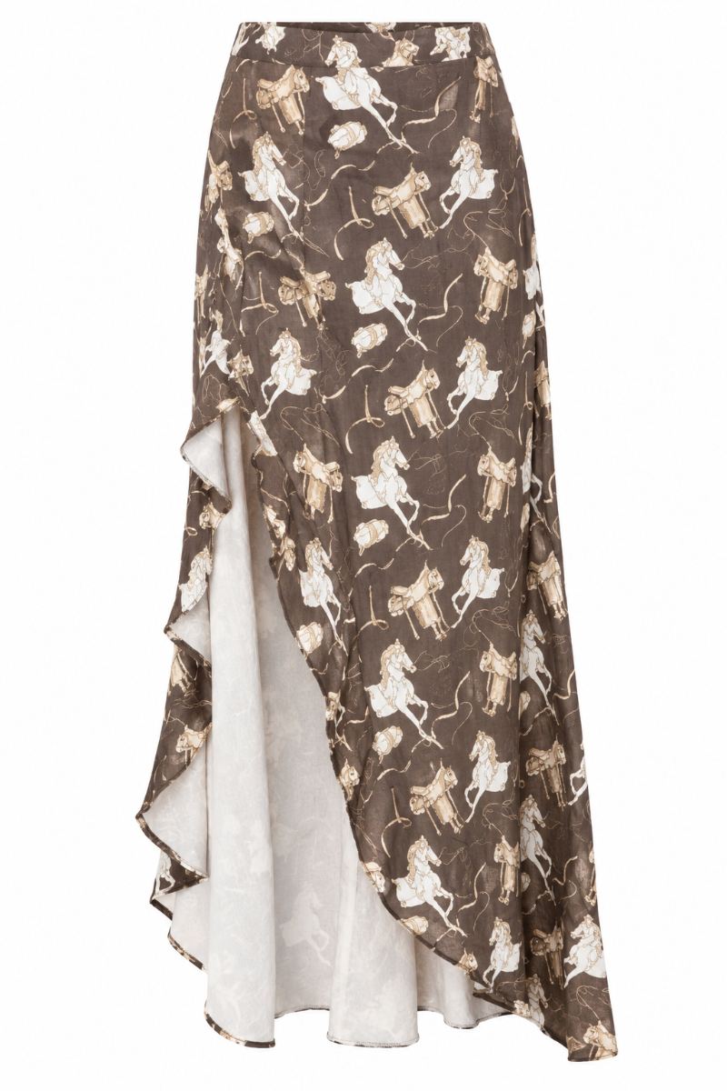 Trestles Clothing Company brown midi skirt with horse and saddle print, featuring a ruffled front slit in silky fabric